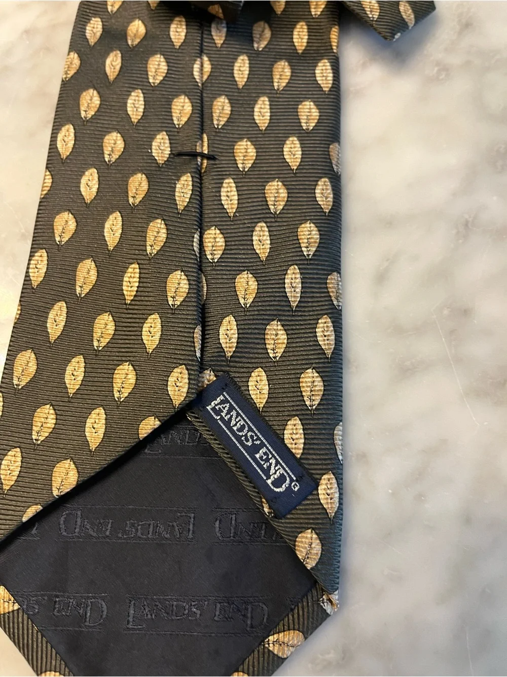 Lands' End Black Tie with Gold Teardrop Pattern